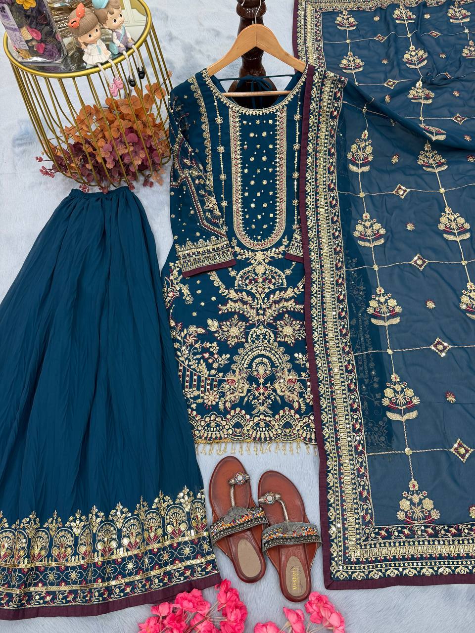 Teal Blue Designer Faux Georgette Heavy Embroidered Top & Plazzo Set with 5mm Sequins & Rivet Moti Work