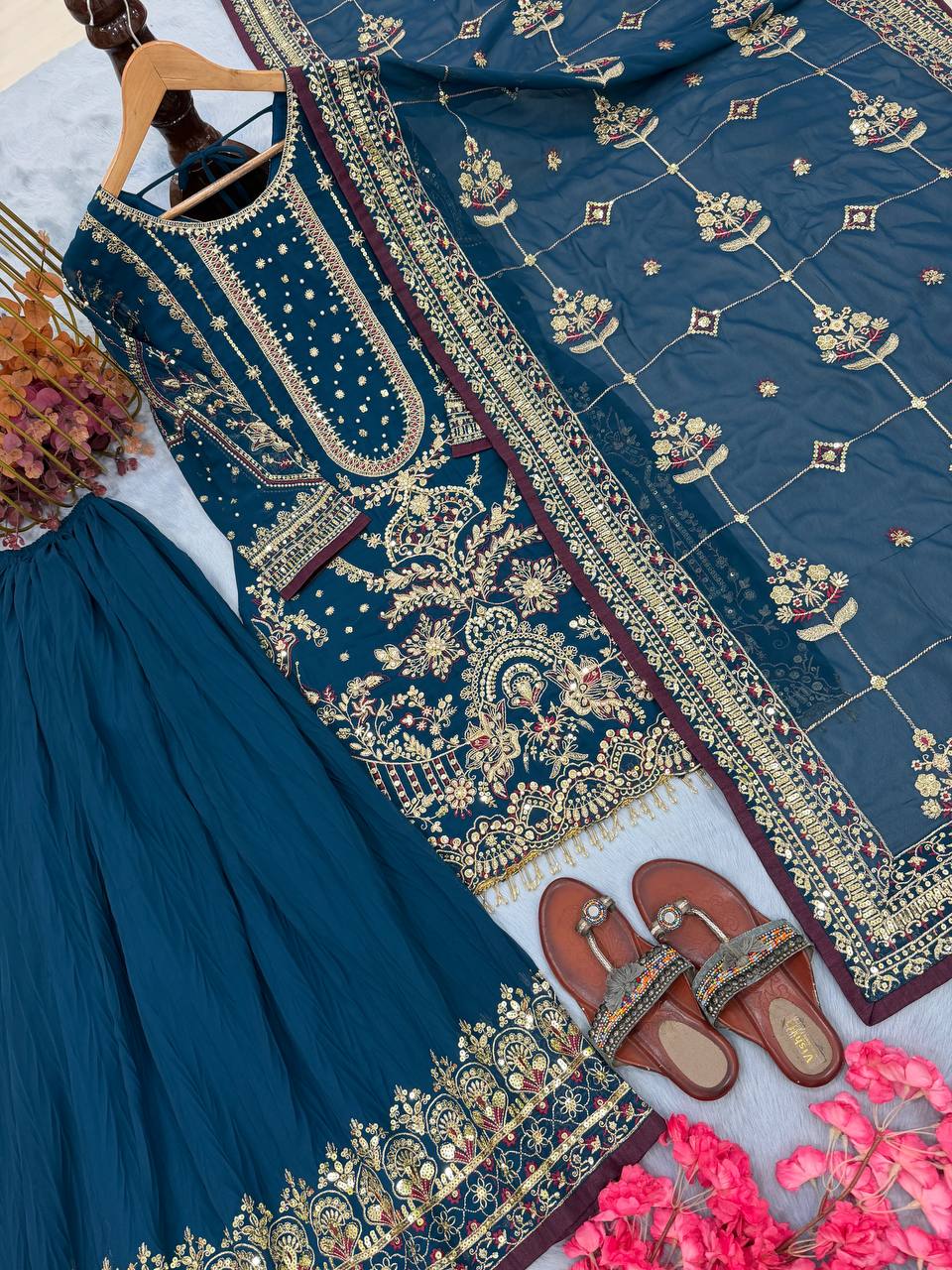 Teal Blue Designer Faux Georgette Heavy Embroidered Top & Plazzo Set with 5mm Sequins & Rivet Moti Work