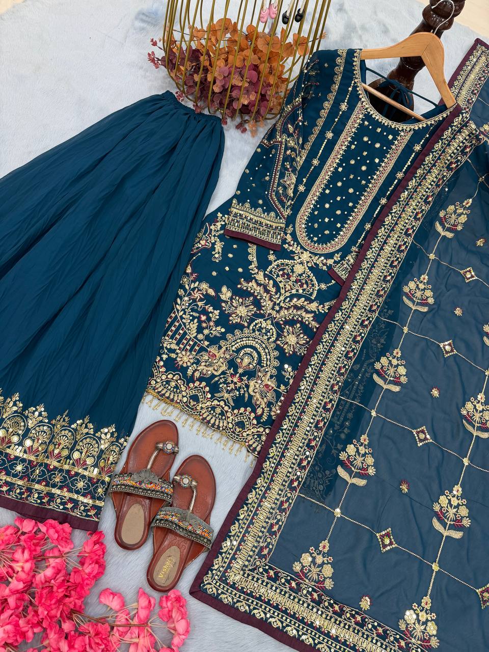Teal Blue Designer Faux Georgette Heavy Embroidered Top & Plazzo Set with 5mm Sequins & Rivet Moti Work