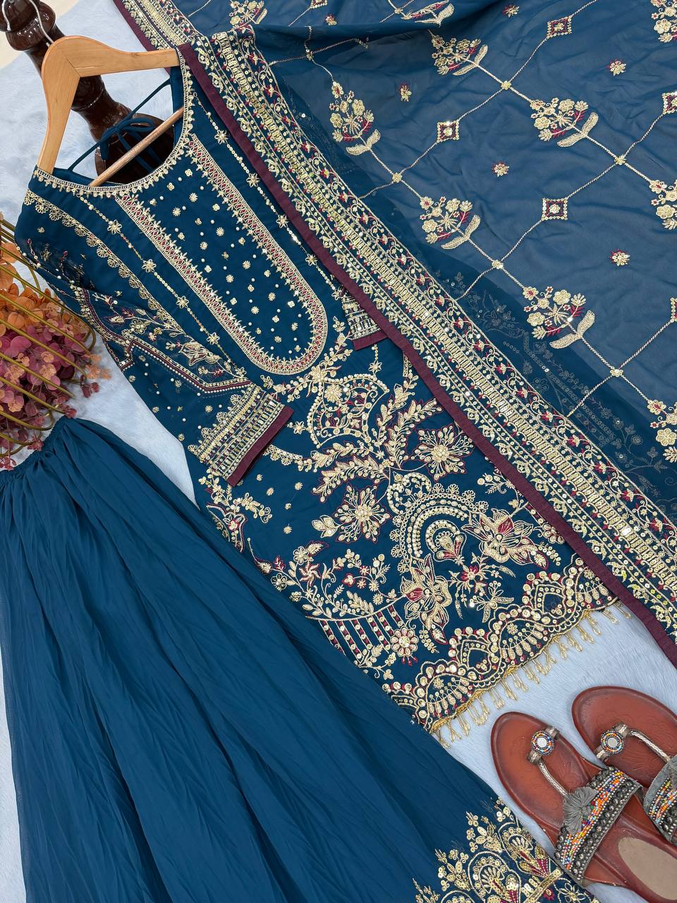 Teal Blue Designer Faux Georgette Heavy Embroidered Top & Plazzo Set with 5mm Sequins & Rivet Moti Work