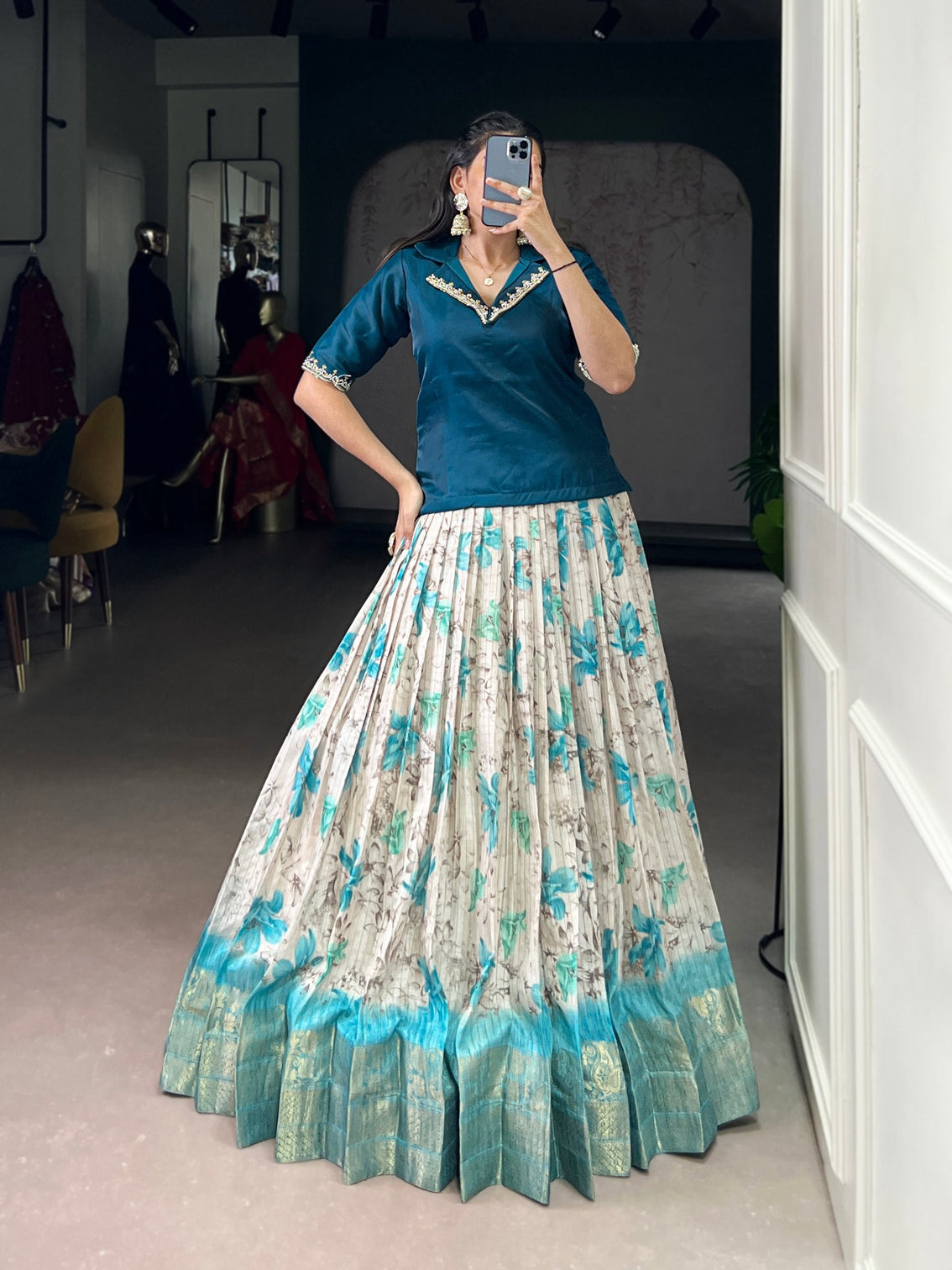 Teal Blue Elegant Dola Chex Floral Printed Lehenga with Zari Weaving and Sequined Banglory Blouse – Stitched Set