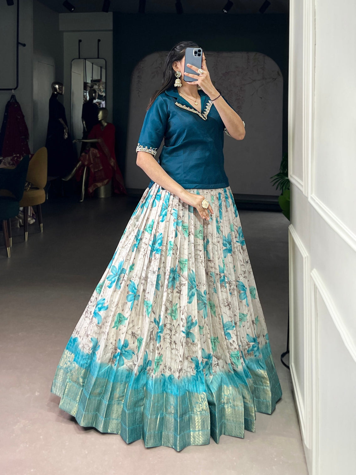 Teal Blue Elegant Dola Chex Floral Printed Lehenga with Zari Weaving and Sequined Banglory Blouse – Stitched Set