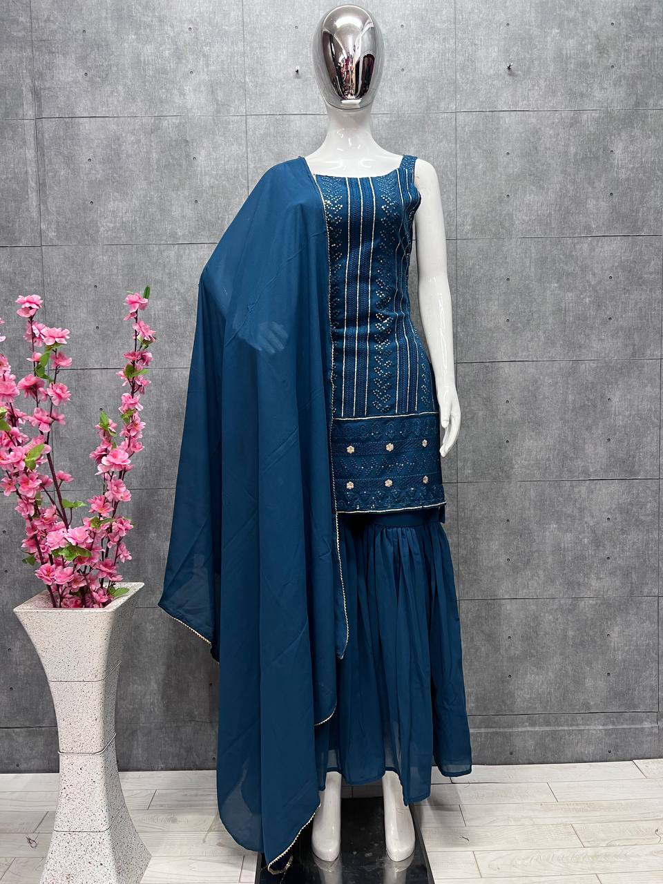 Teal Blue Elegant Pure Lukhnowi Embroidered Georgette Kurta Sharara Dupatta Set