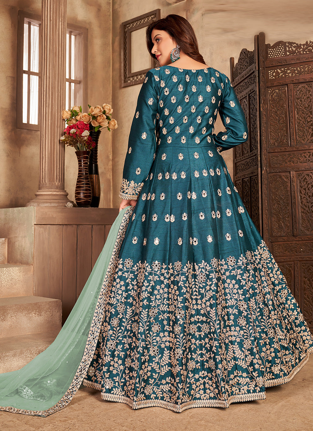 Teal blue embroidered art silk slitted abaya style salwar kameez