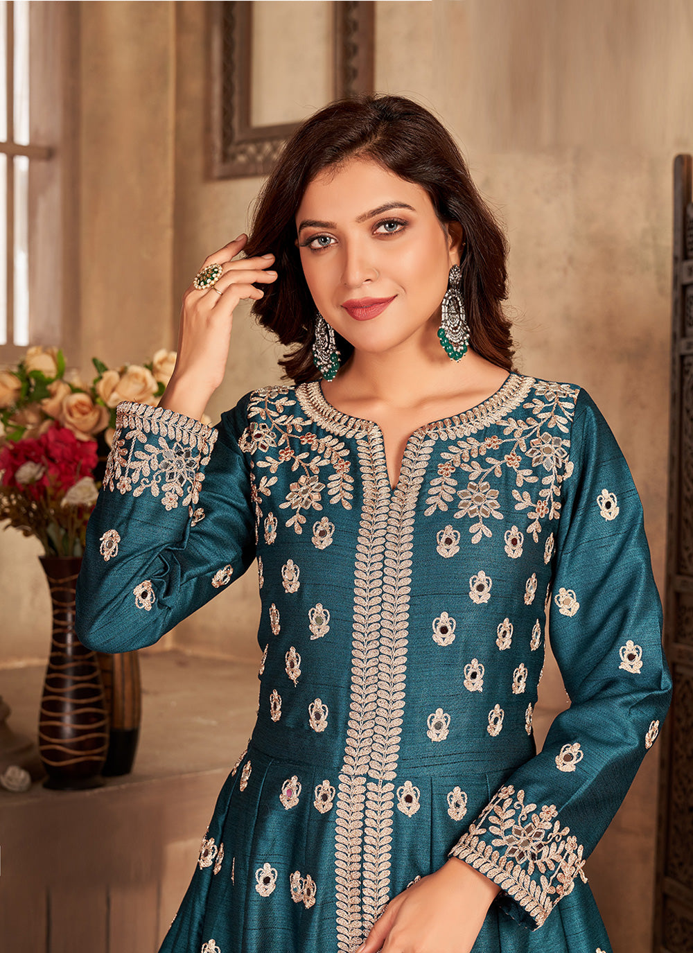 Teal blue embroidered art silk slitted abaya style salwar kameez