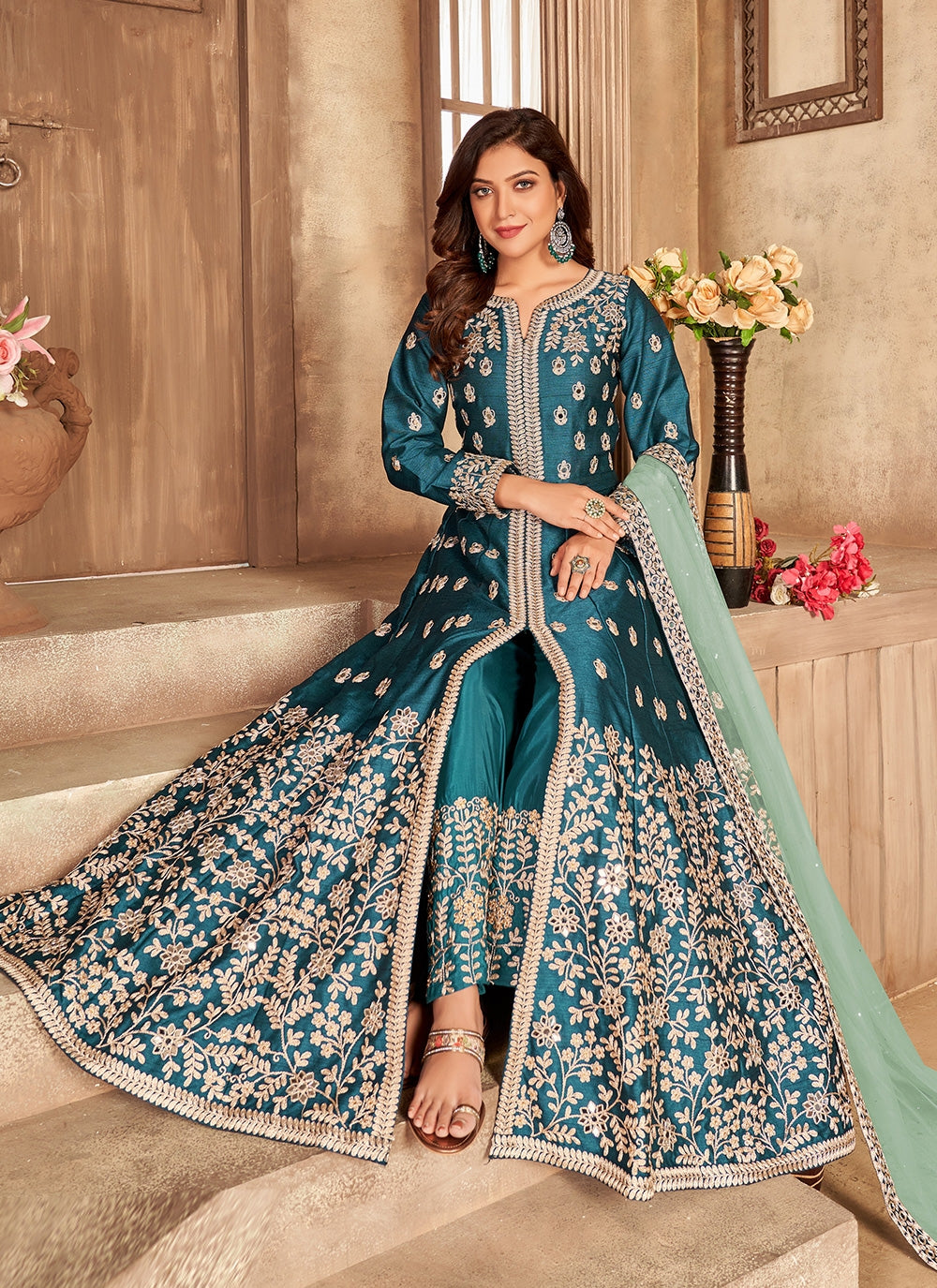 Teal blue embroidered art silk slitted abaya style salwar kameez