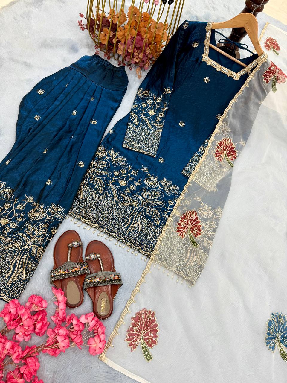 Teal Blue Embroidered Farshi Palazzo Set