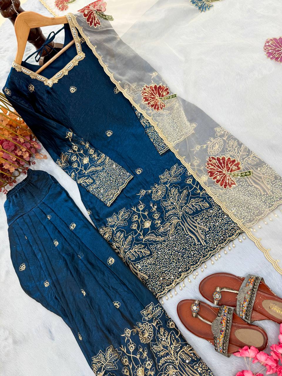 Teal Blue Embroidered Farshi Palazzo Set