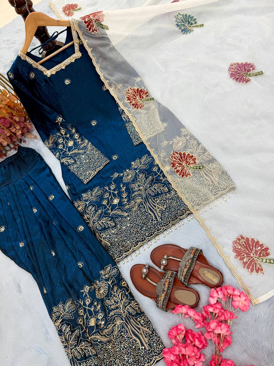 Teal Blue Embroidered Farshi Palazzo Set