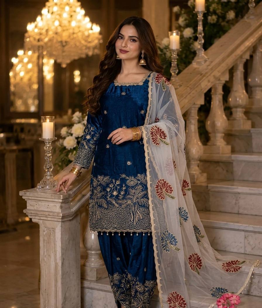 Teal Blue Embroidered Farshi Palazzo Set