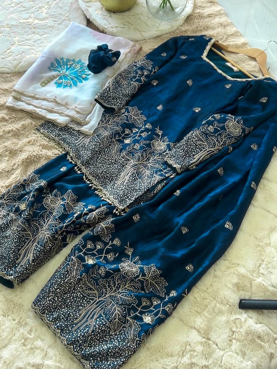 Teal Blue Embroidered Farshi Palazzo Set