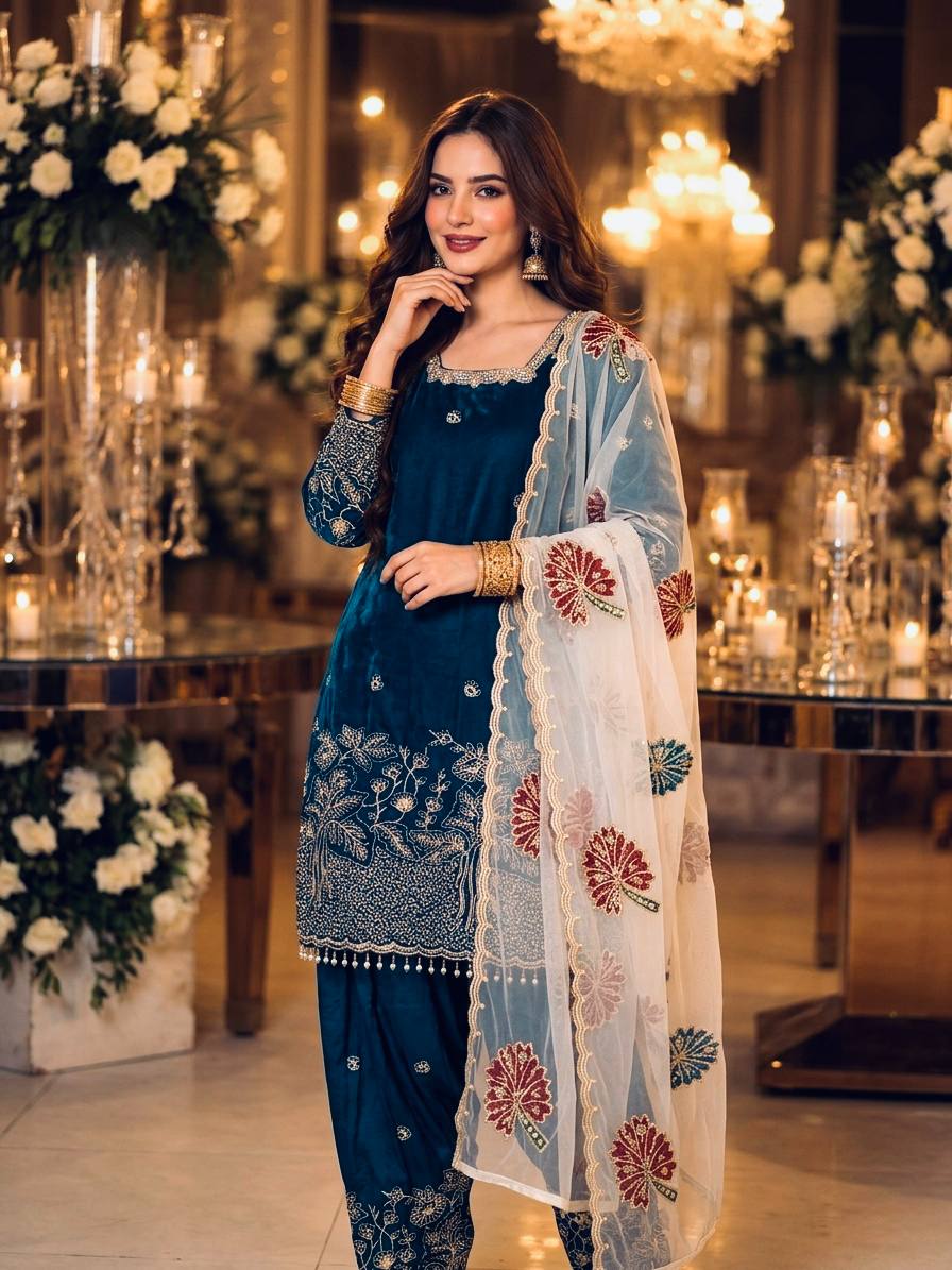 Teal Blue Embroidered Farshi Palazzo Set