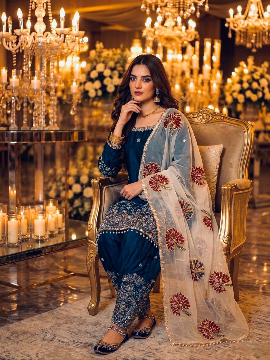 Teal Blue Embroidered Farshi Palazzo Set