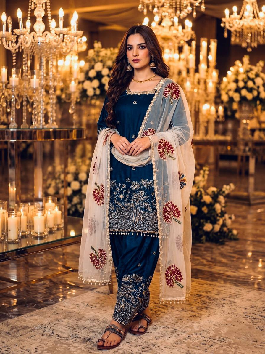 Teal Blue Embroidered Farshi Palazzo Set