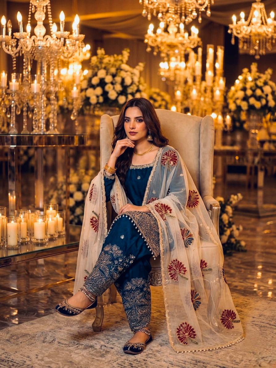 Teal Blue Embroidered Farshi Palazzo Set