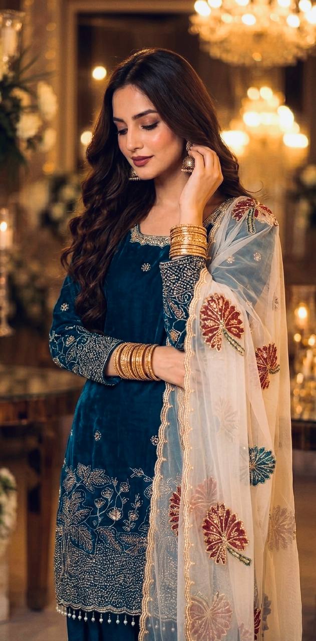 Teal Blue Embroidered Farshi Palazzo Set