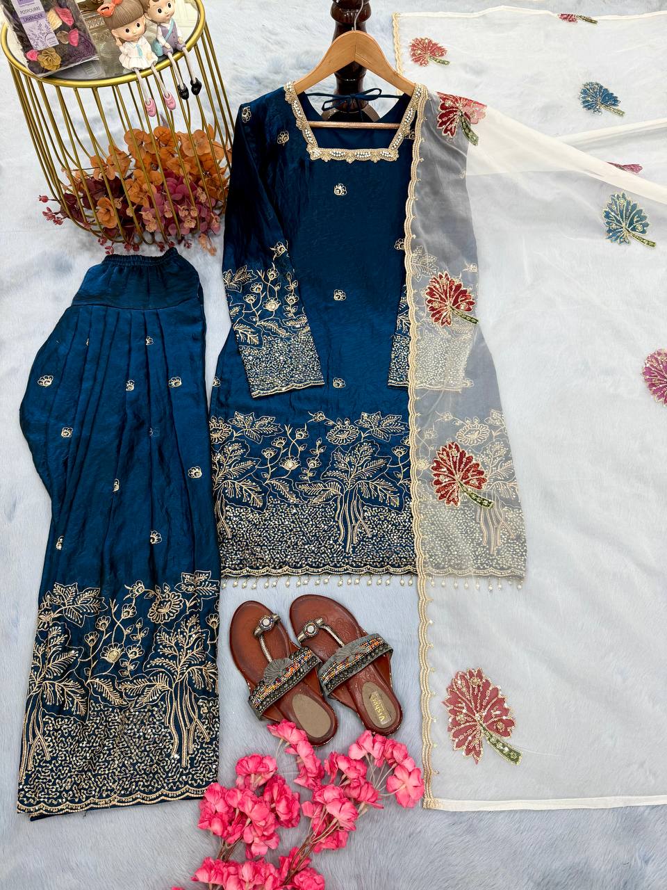 Teal Blue Embroidered Farshi Palazzo Set