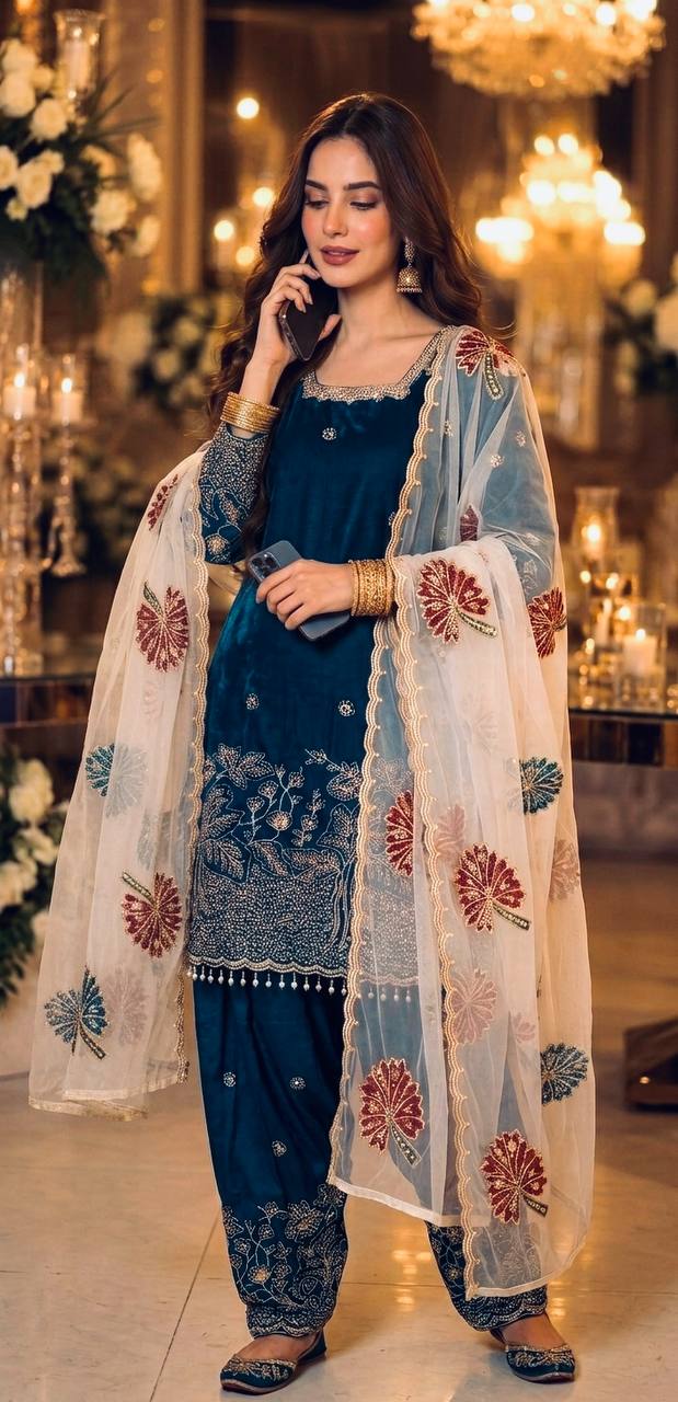 Teal Blue Embroidered Farshi Palazzo Set