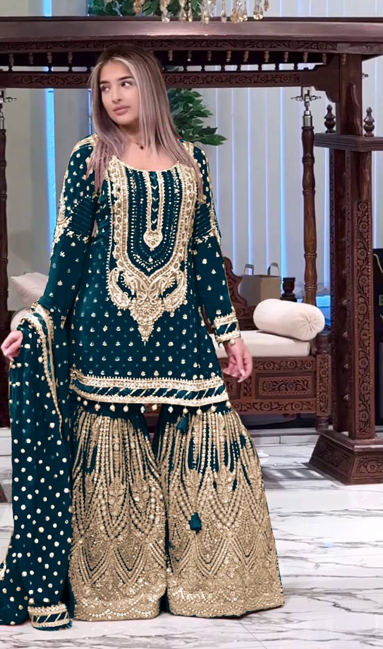 Teal Blue Embroidered Faux Georgette Plazzo Set with Sequins Work & Lace Dupatta