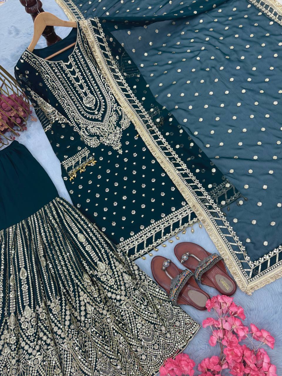 Teal Blue Embroidered Faux Georgette Plazzo Set with Sequins Work & Lace Dupatta