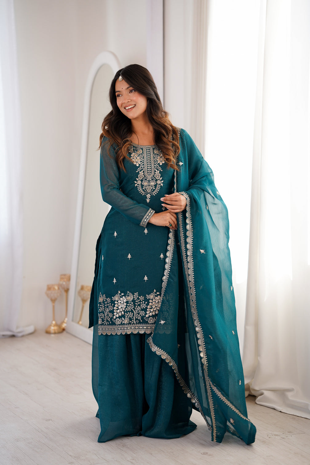Teal Blue Embroidered Kurta Sharara Set