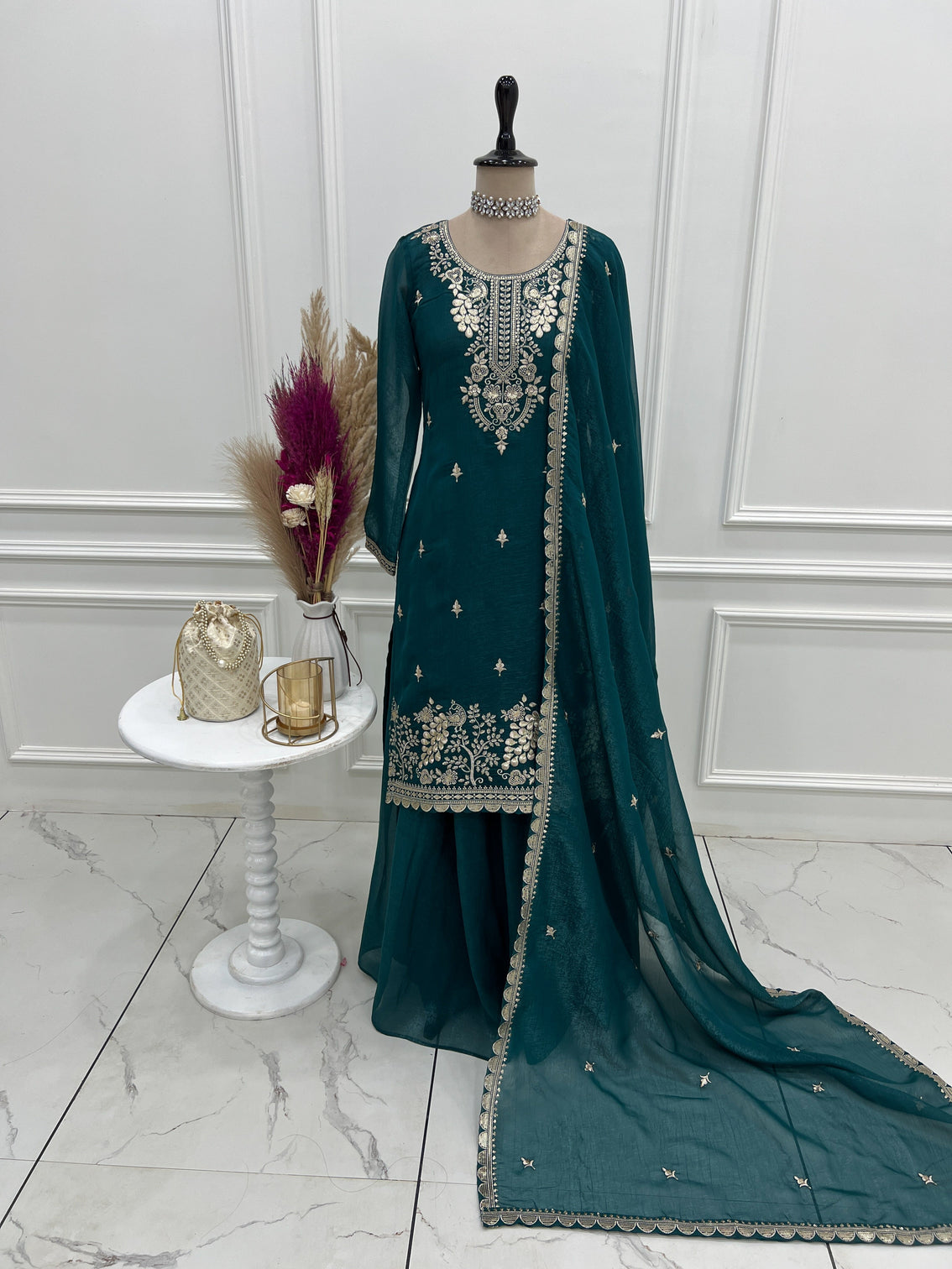 Teal Blue Embroidered Kurta Sharara Set