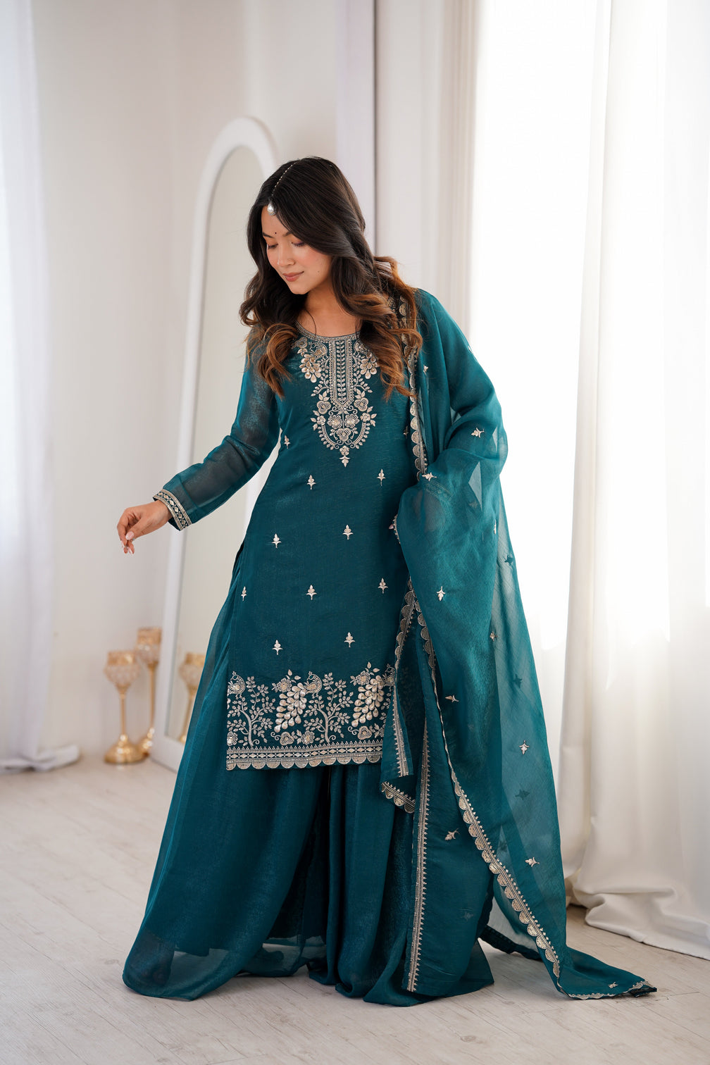 Teal Blue Embroidered Kurta Sharara Set