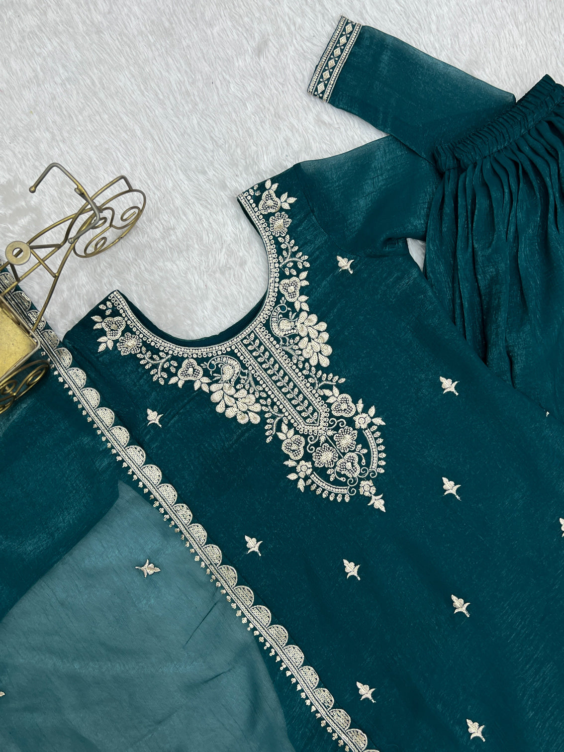 Teal Blue Embroidered Kurta Sharara Set