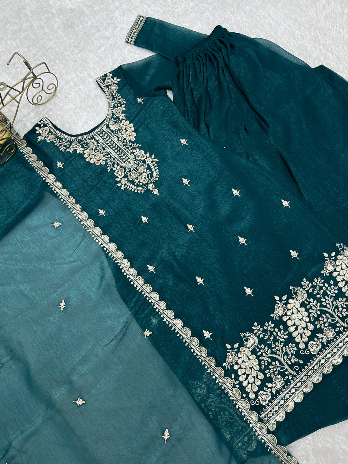 Teal Blue Embroidered Kurta Sharara Set