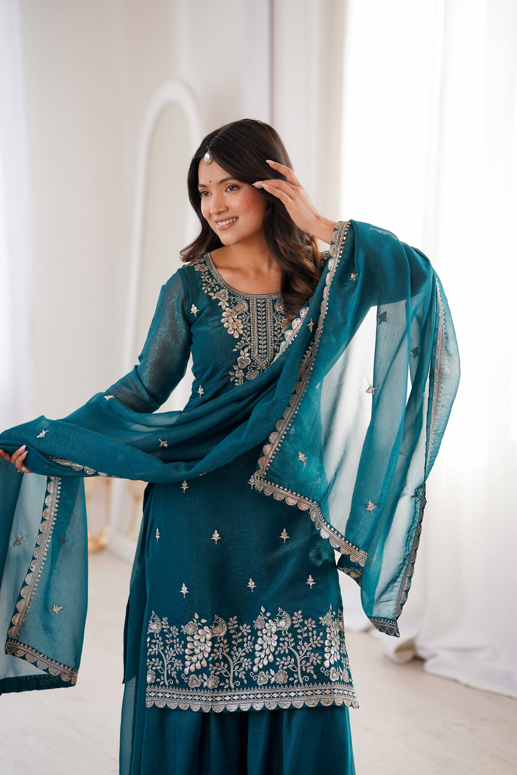 Teal Blue Embroidered Kurta Sharara Set