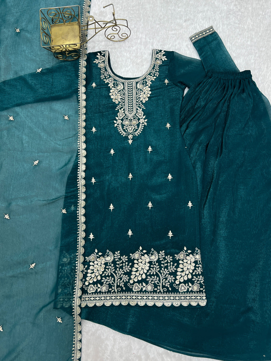 Teal Blue Embroidered Kurta Sharara Set