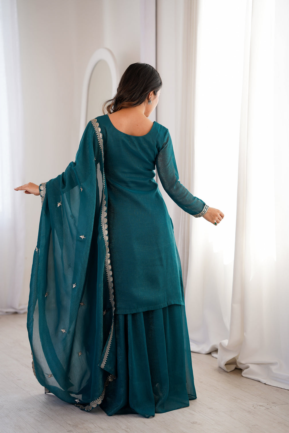 Teal Blue Embroidered Kurta Sharara Set