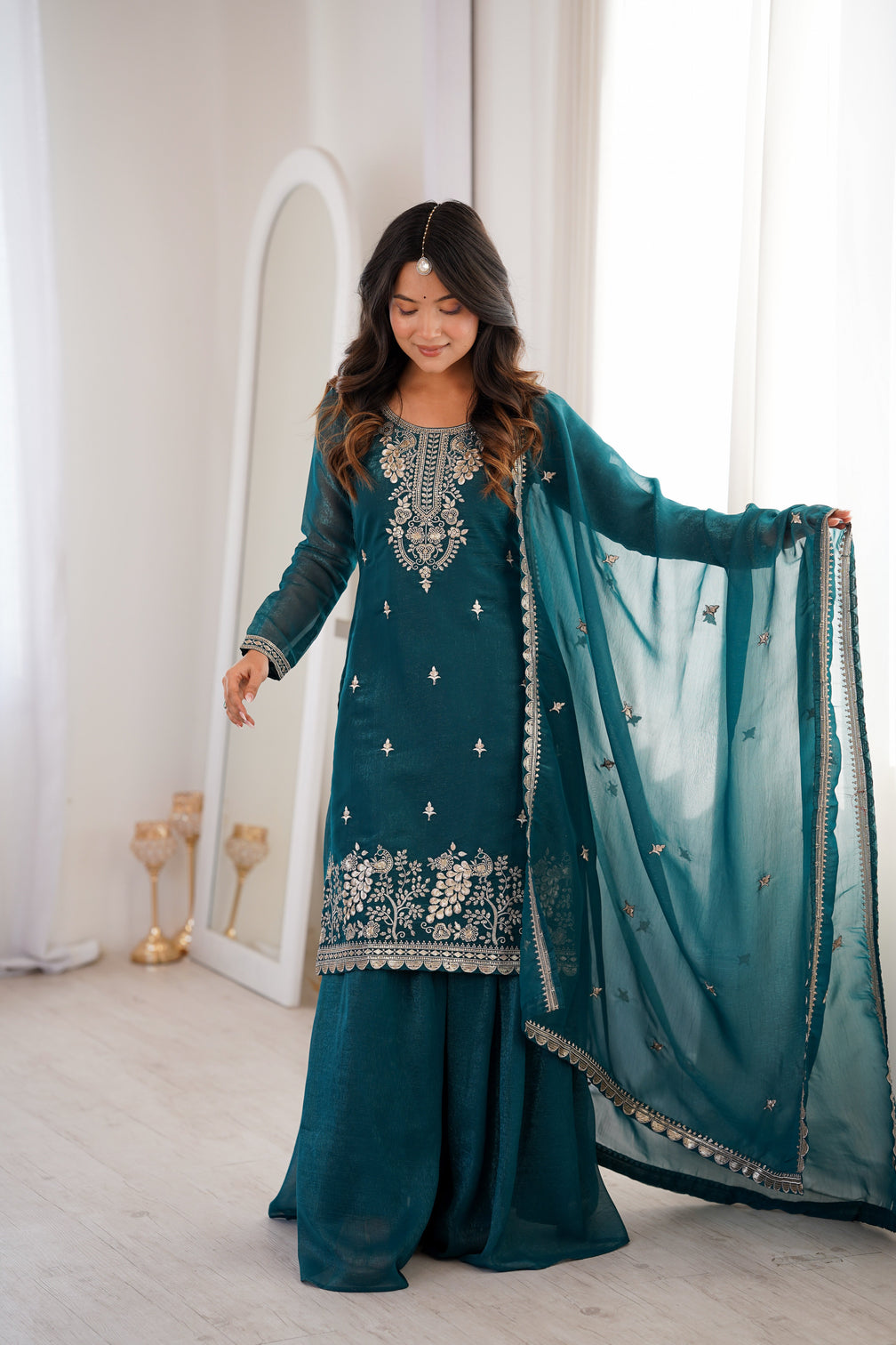 Teal Blue Embroidered Kurta Sharara Set
