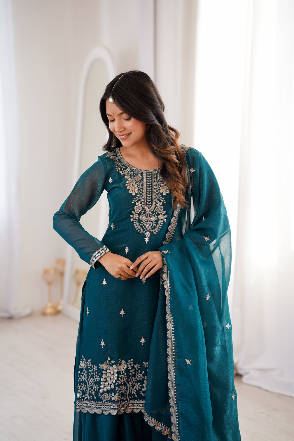 Teal Blue Embroidered Kurta Sharara Set