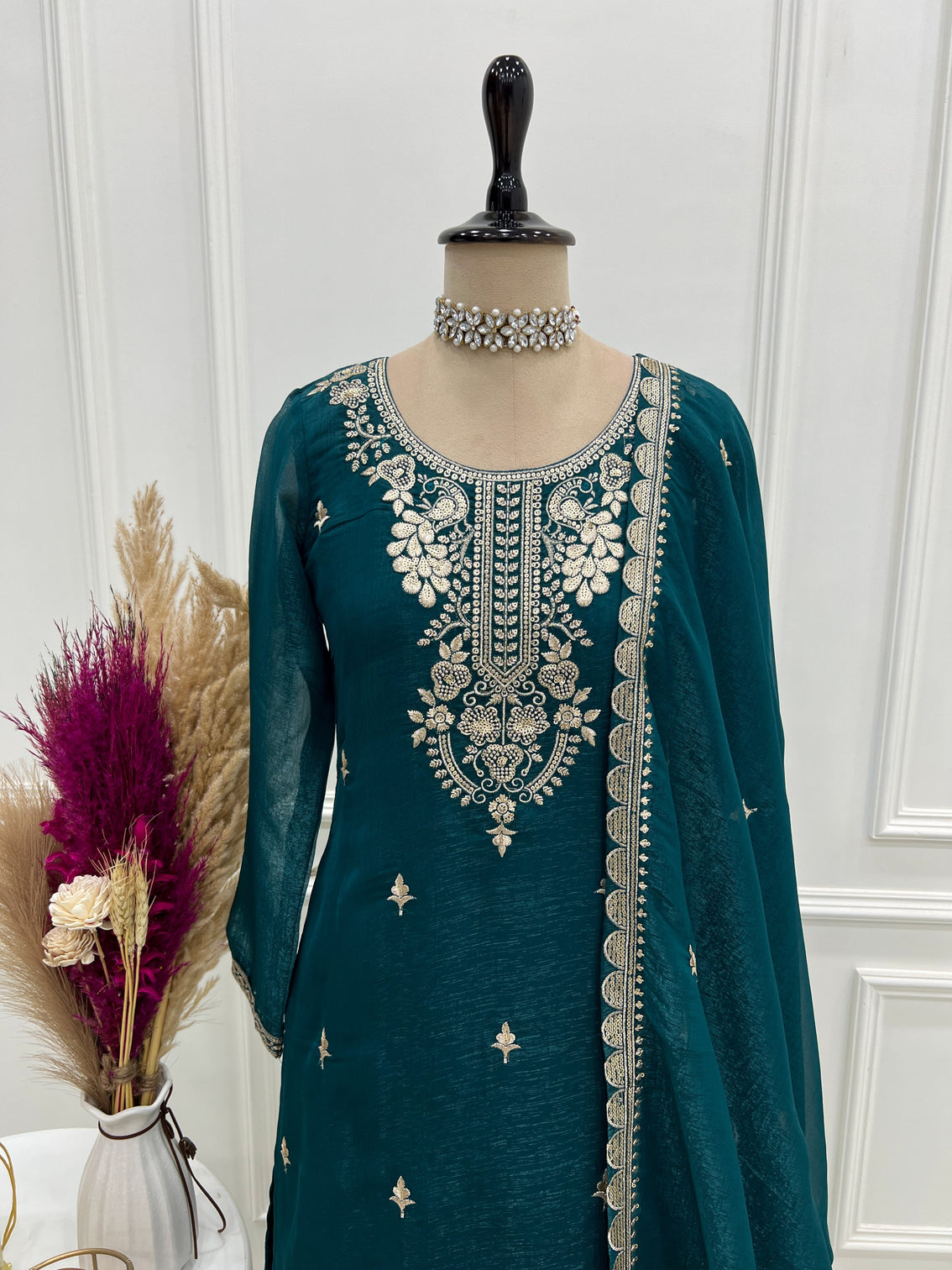 Teal Blue Embroidered Kurta Sharara Set