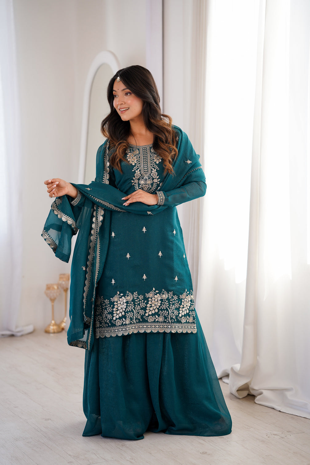 Teal Blue Embroidered Kurta Sharara Set