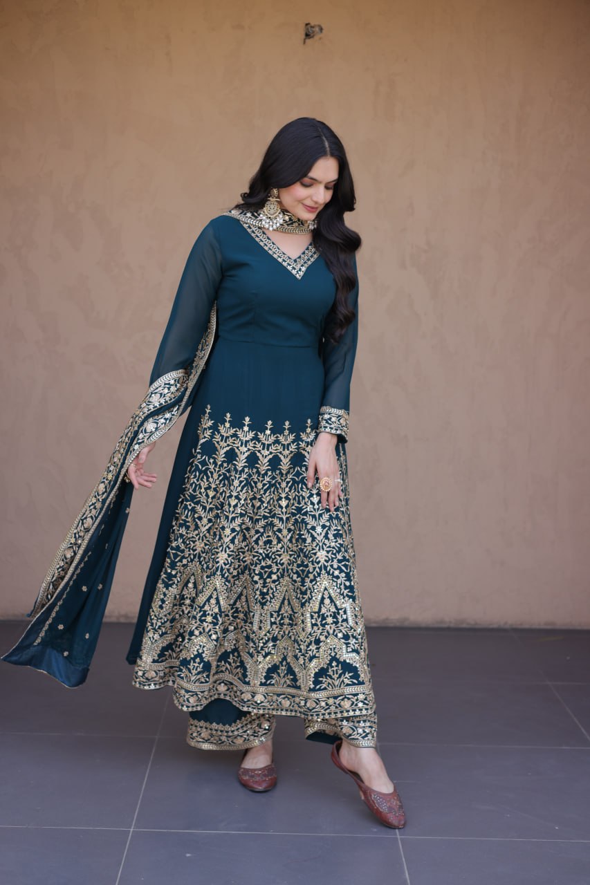 Teal Blue Embroidered Multi-Sequin Gown