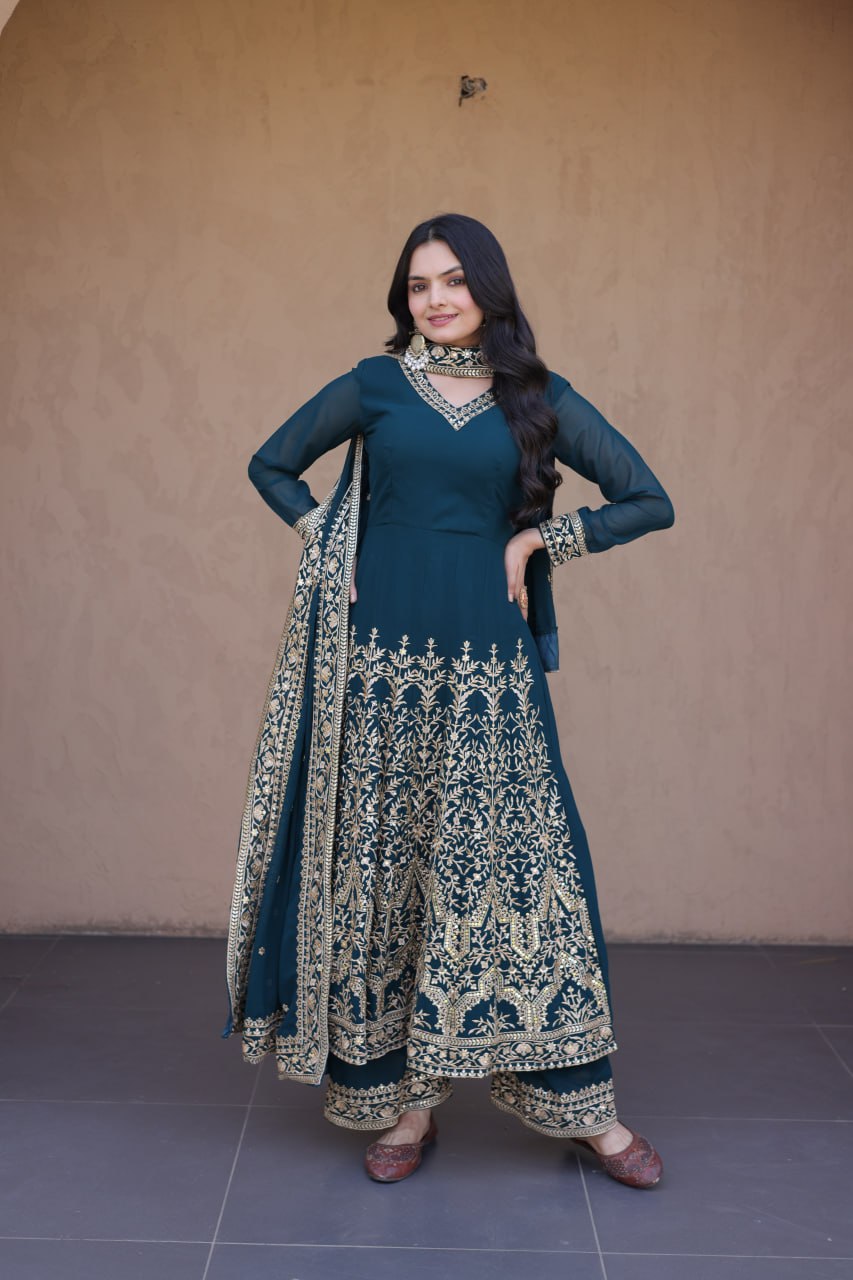 Teal Blue Embroidered Multi-Sequin Gown