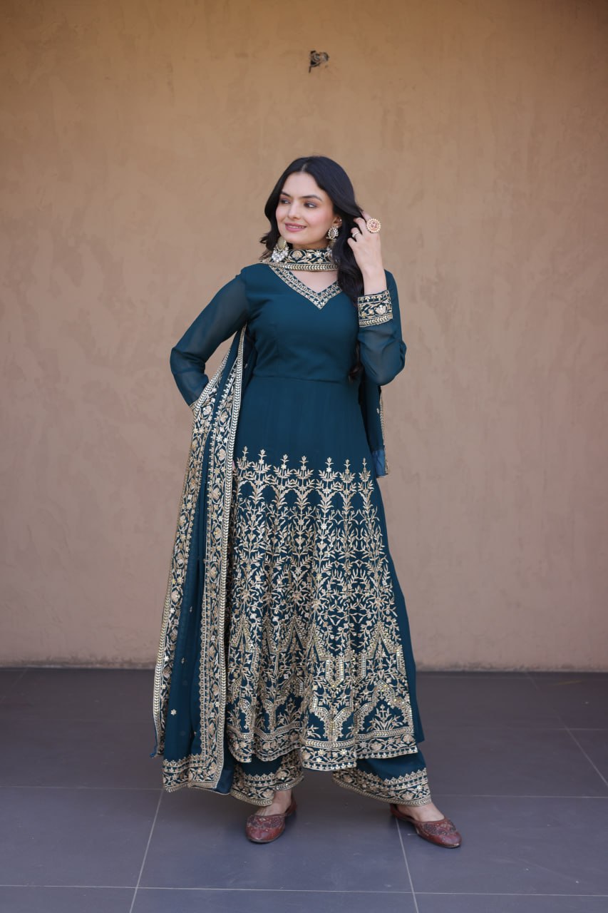 Teal Blue Embroidered Multi-Sequin Gown