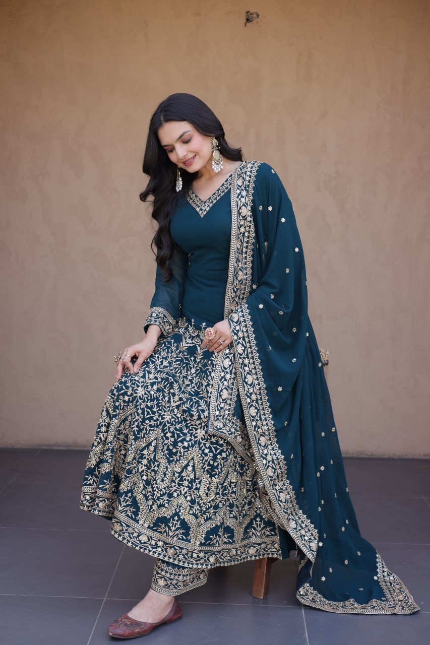 Teal Blue Embroidered Multi-Sequin Gown