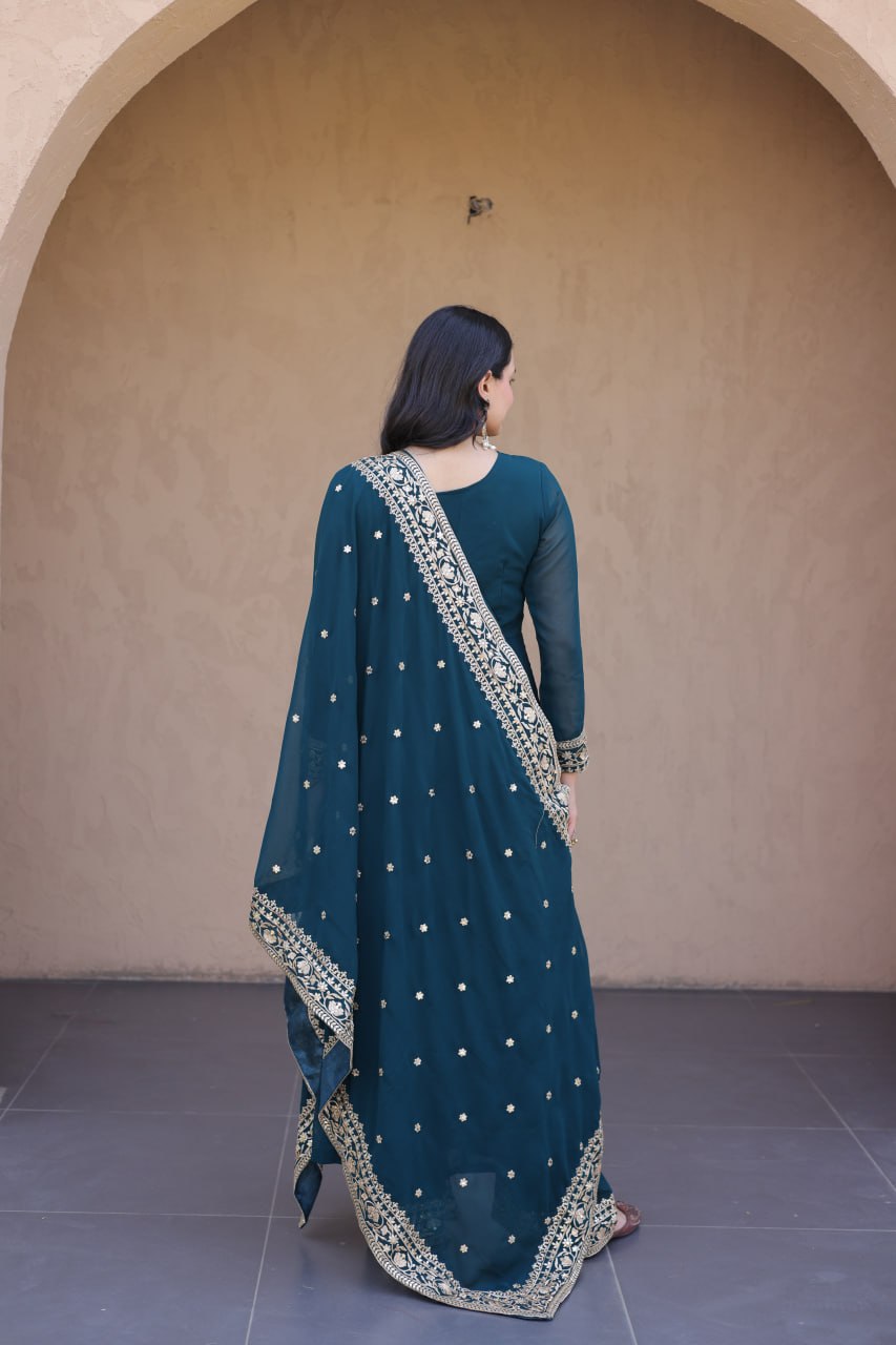 Teal Blue Embroidered Multi-Sequin Gown