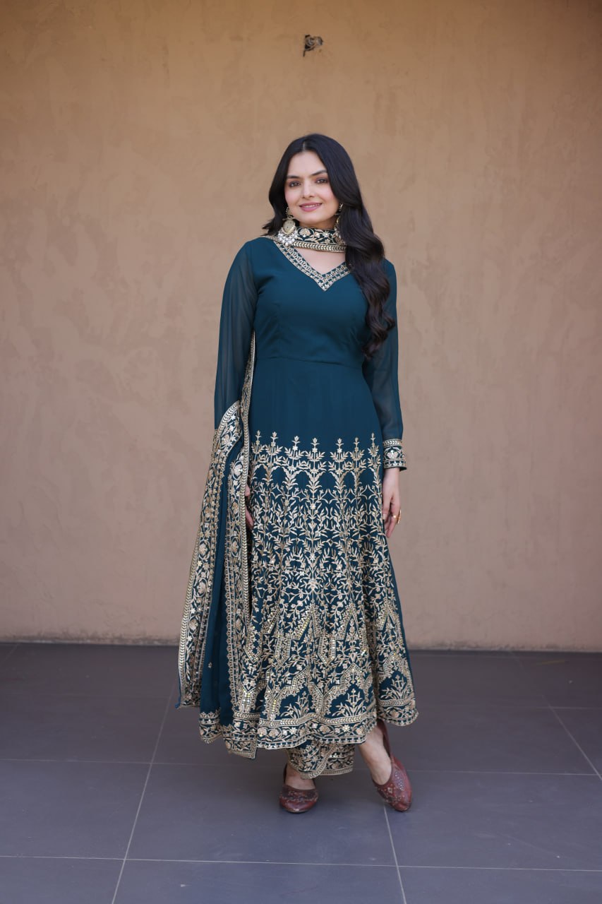 Teal Blue Embroidered Multi-Sequin Gown