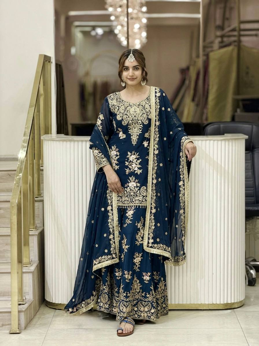 Teal Blue Embroidered Palazzo Suit