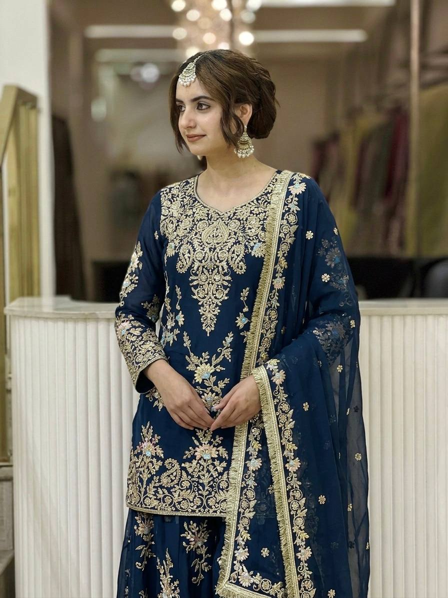 Teal Blue Embroidered Palazzo Suit