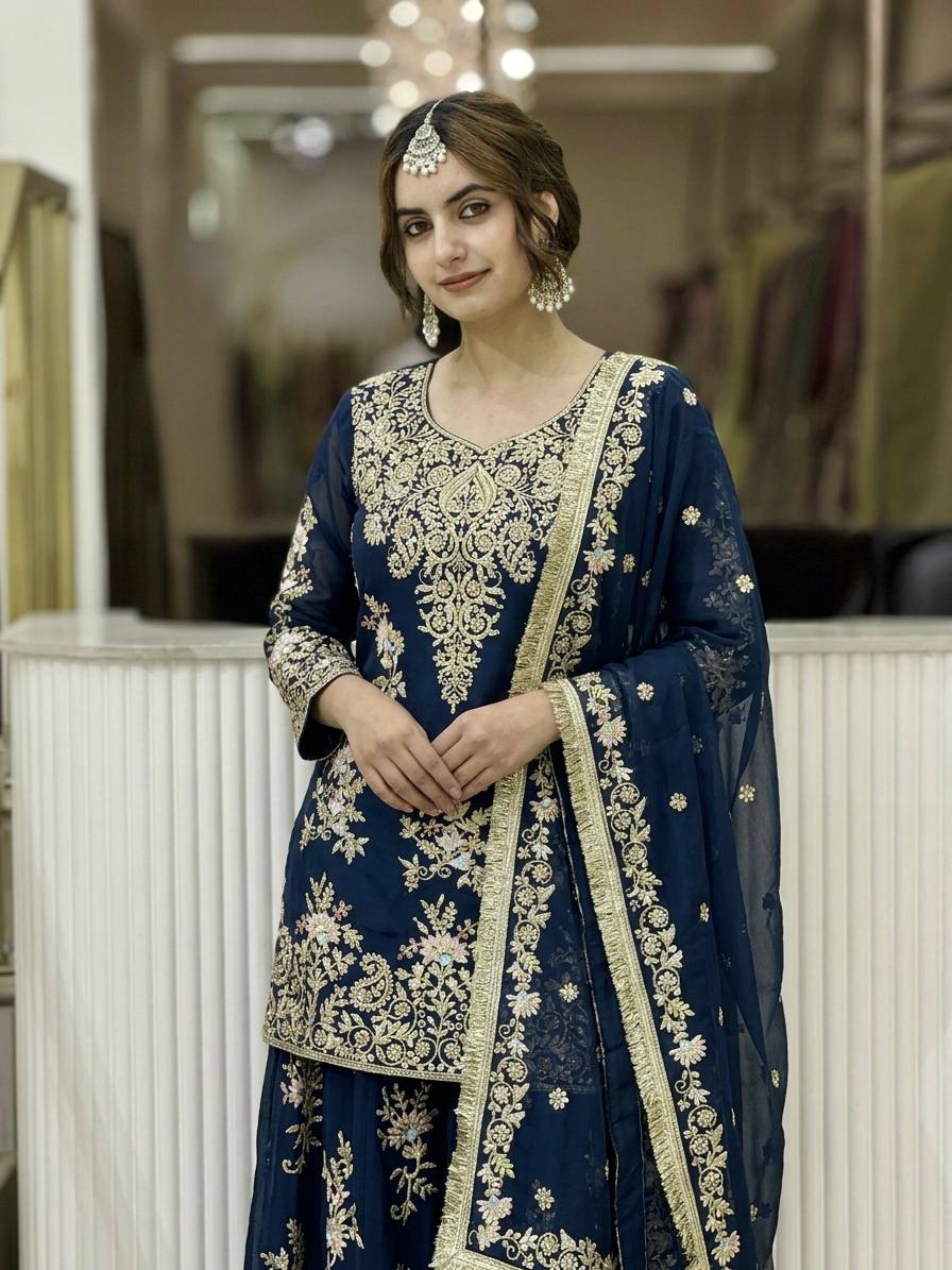Teal Blue Embroidered Palazzo Suit