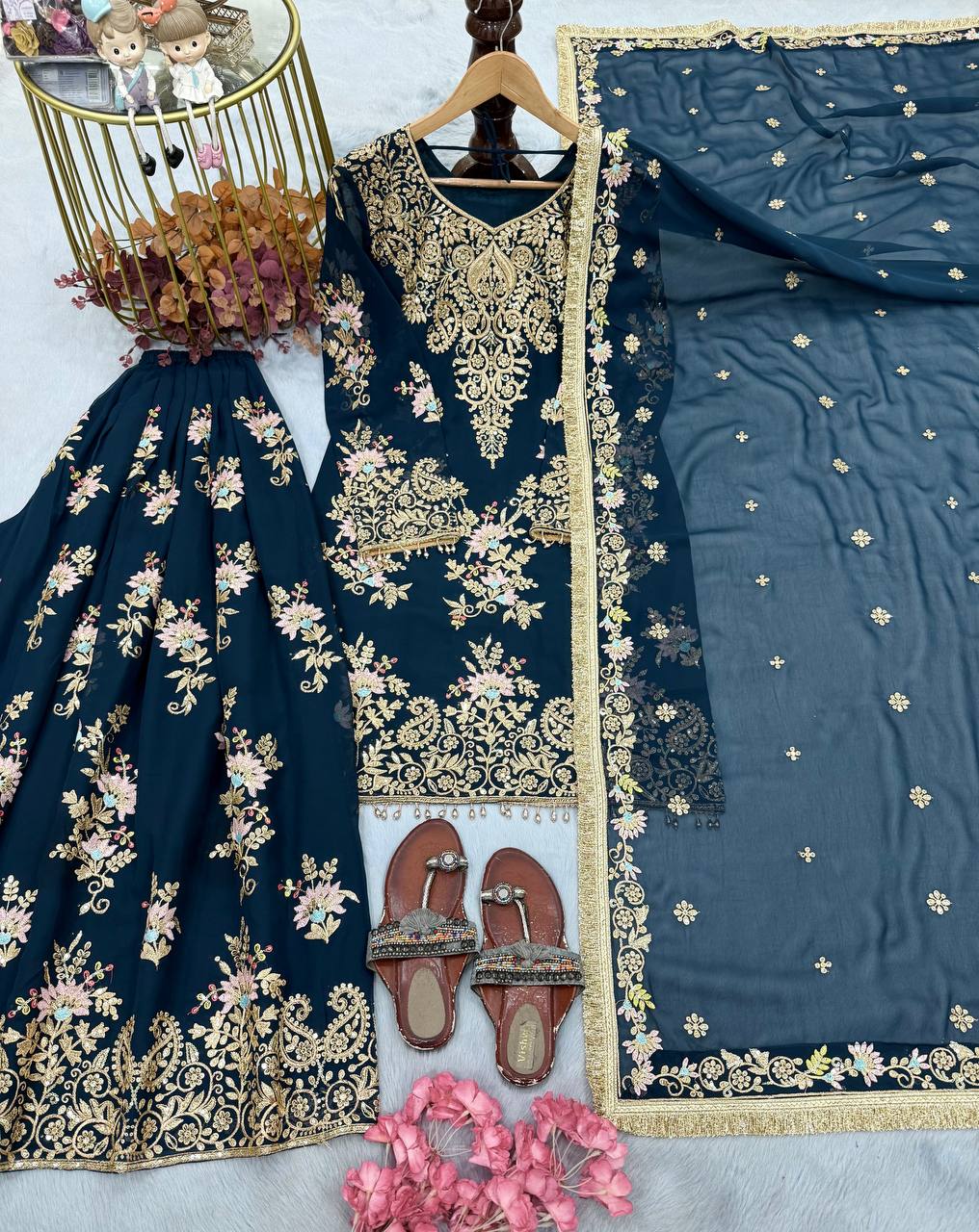 Teal Blue Embroidered Palazzo Suit