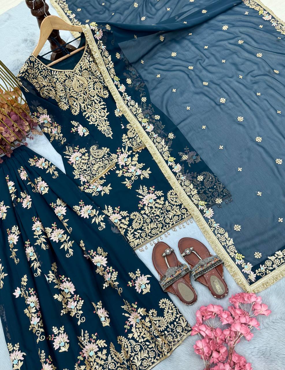 Teal Blue Embroidered Palazzo Suit