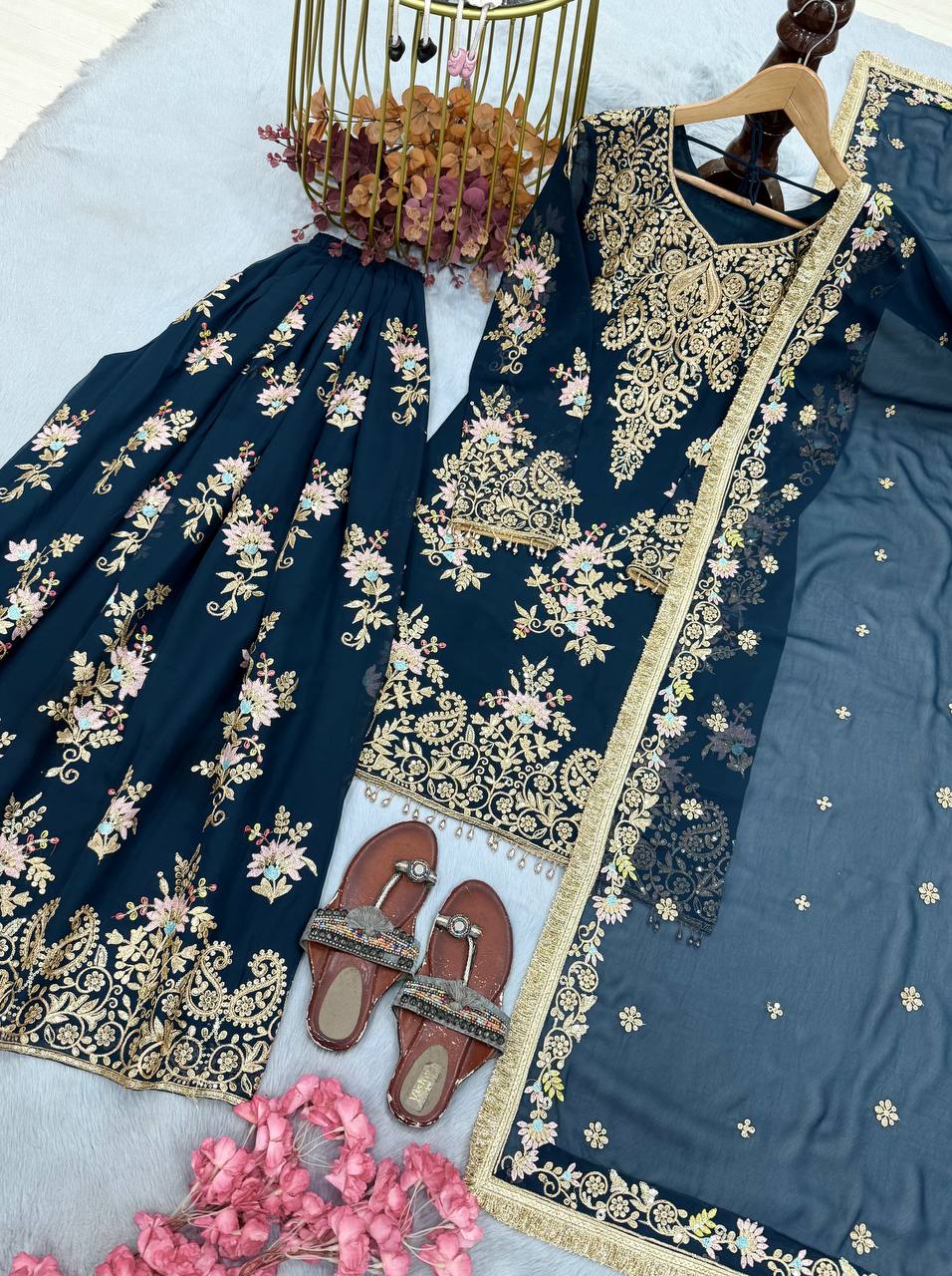 Teal Blue Embroidered Palazzo Suit