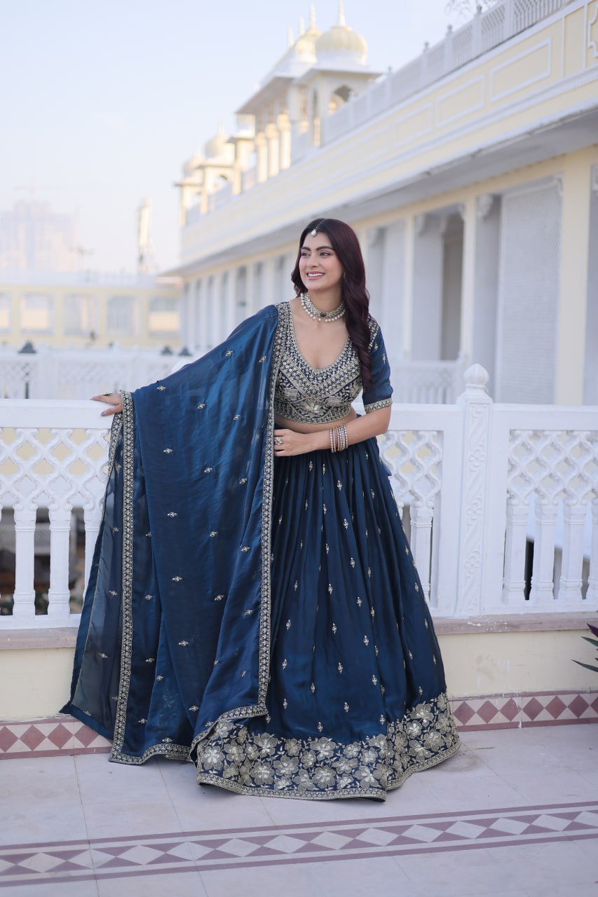 Teal Blue Fendy Silk Lehenga Set