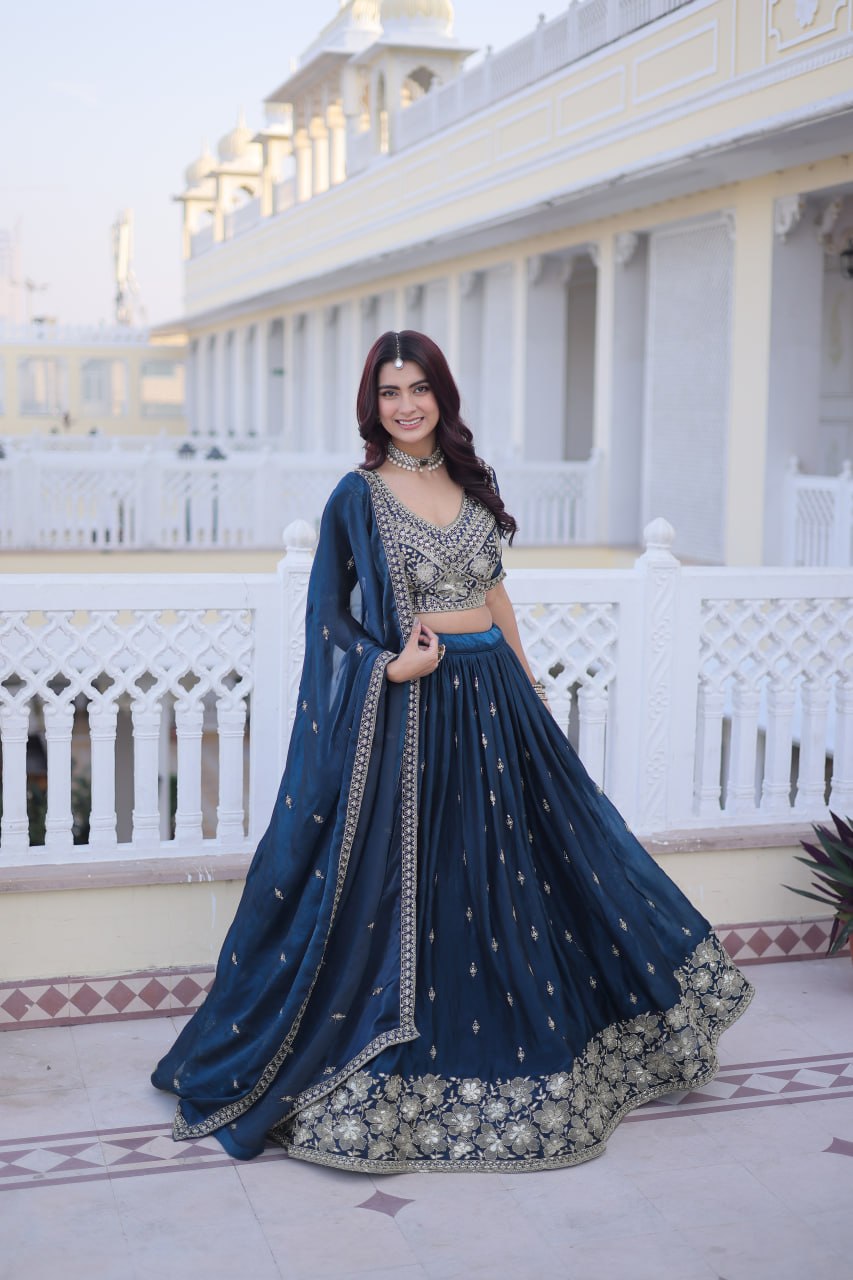 Teal Blue Fendy Silk Lehenga Set